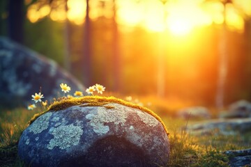 Aufkleber - Sunset over mossy rock with tiny daisies in a forest.