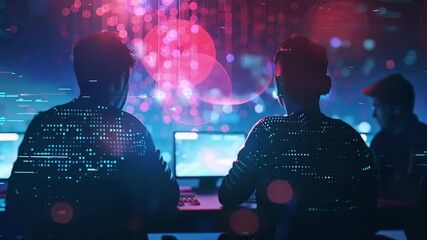 Two software developers are programming using a futuristic computer interface with glowing lines of code and colorful bokeh effect, showcasing innovative technology in a modern office environment
