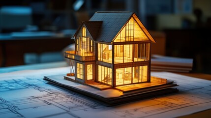 Aufkleber - Lit model house on blueprints. (1)