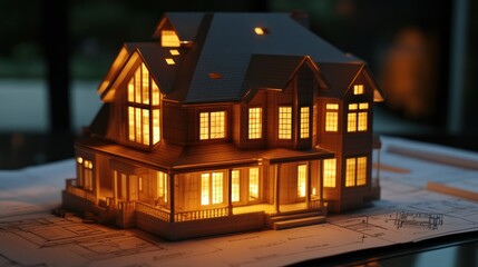 Poster - Lit house model on blueprint at night.
