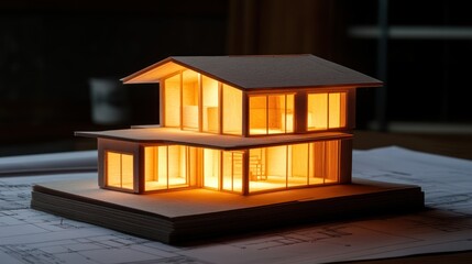 Aufkleber - Lighted model house on blueprints, dark background.