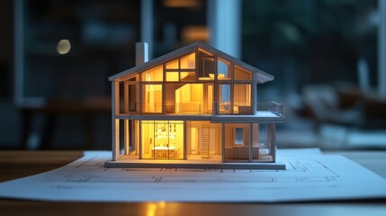Poster - Model home on blueprint, interior glowing with warm light.