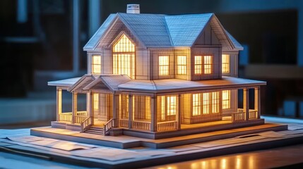 Aufkleber - Illuminated model house, detailed wood craft.