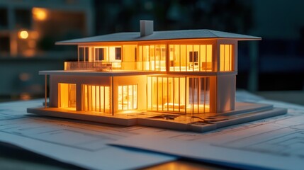 Poster - Miniature house model with glowing interior lights on blueprints.