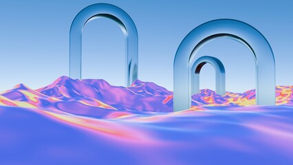 Poster - Surreal Landscape with Metallic Arches and Vibrant Fluid Terrain