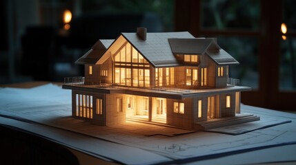 Aufkleber - Illuminated miniature house model on blueprint, with warm light shining.