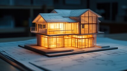Poster - Lit modern house model on blueprints, warm glow.
