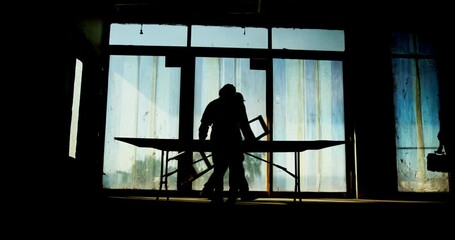 Poster - Building, industrial and silhouette of construction worker people on site for property development. Architecture, collaboration and infrastructure with engineer team in office for project management