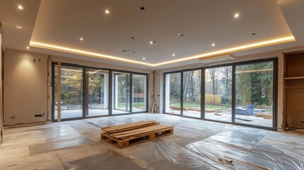 Leinwandbilder - Interior of room under construction with pallet and sliding doors.