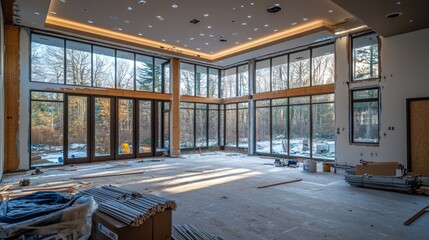 Poster - Unfinished room with large windows overlooking forest in construction.
