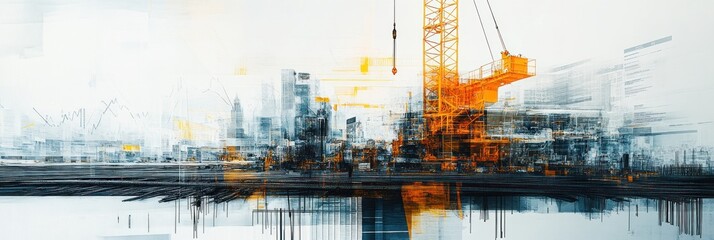 Poster - Blurred construction site with crane and city building reflections.