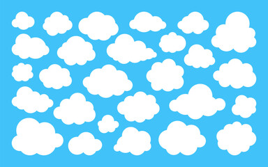 Wall Mural - white fluffy clouds flat set. various shapes on blue sky. simple cartoon cloudscape, soft edges mini