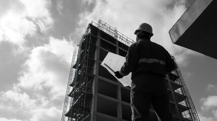 Poster - Builder with blueprint stands before an under construction building in monotone.