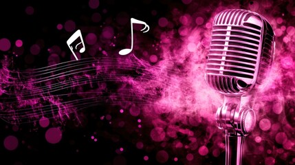 Poster - Vintage mic with pink smoke, music notes on dark background.