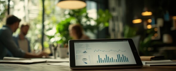Fototapete - Tablet showing charts, people working blurred background.