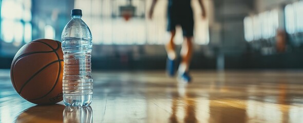 Poster - Basketball and water bottle on court with player in background.