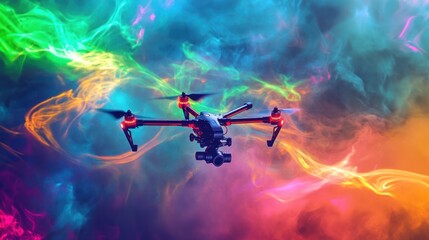 Poster - Drone flying through vibrant, colorful smoke.