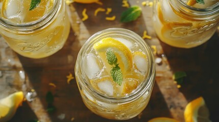 Poster - Refreshing lemon drinks with ice in mason jars on a wooden surface.