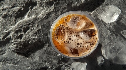 Fototapete - iced coffee drink with ice cubes on textured gray stone surface.