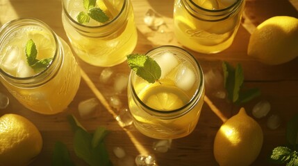 Sticker - Four lemonade jars, mint, lemons, ice, wood, warm light.