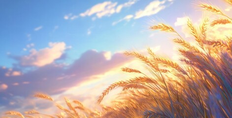 Poster - Golden wheat field under blue sky with fluffy clouds.