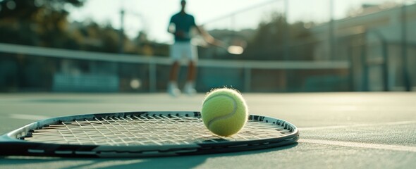 Poster - Tennis ball on racket, player in background, focus on ball.