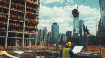 Poster - Construction worker reviewing plans at building site, city skyline behind.