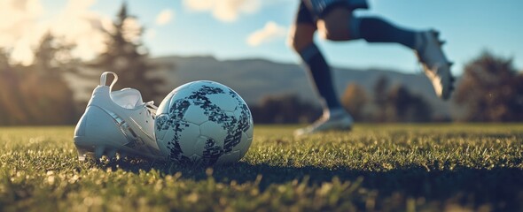 Poster - Soccer ball and cleats on grass, player running in background.