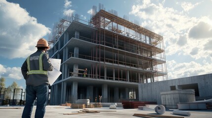 Poster - Builder examines blueprint at construction site.