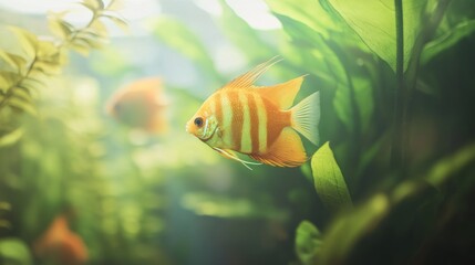 Poster - Orange fish swims among green plants in clear water.