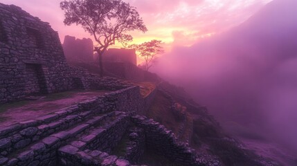 Poster - Ancient ruins shrouded in purple mist at sunset.