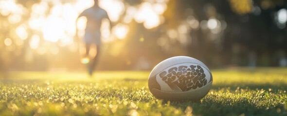 Poster - Rugby ball on grass, player running in background, golden sunlight.