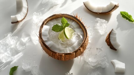 Sticker - Coconut cocktail with lime, mint, and ice.