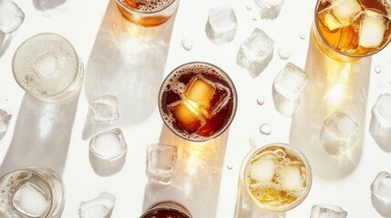 Poster - High-angle shot of drinks and ice cubes on white.