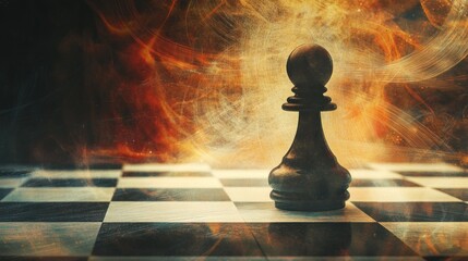 Poster - Dark chess pawn on checkered board, fiery energy backdrop.