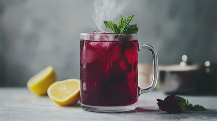 Poster - Steaming red tea in glass mug with mint, lemons.
