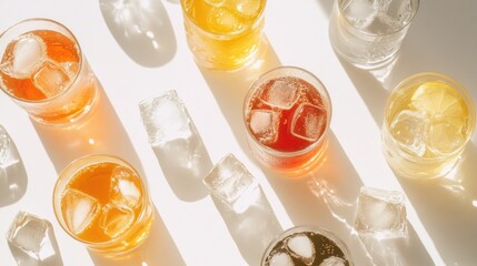 Poster - Beverages with ice cubes on white background, top view, with long shadows.