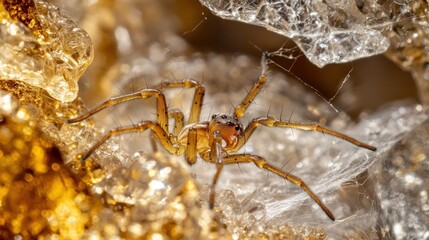 Yellow spider in web, close.