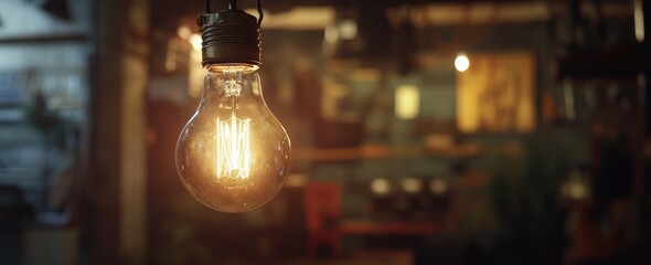 Poster - Filament lightbulb glows in a blurred, cozy interior setting.