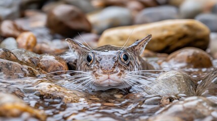 Aufkleber - Cat face peeks from shallow, rocky stream.