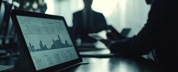 Poster - Tablet showing data graphs at a business meeting, people blurred.