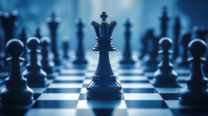 Poster - Black king on chess board, strategic, focus on the center.