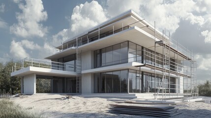 Leinwandbilder - Modern house under construction, with scaffolding.