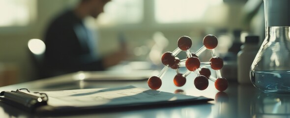 Aufkleber - Molecule model, lab equipment, and person blurred in lab setting.