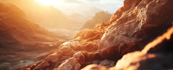 Poster - Rocky landscape with warm light,  mountains in soft focus.