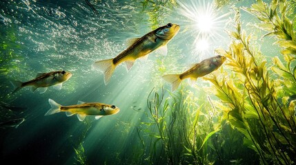 Poster - School of small fish swim in clear water, sun shines.