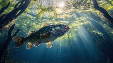 Aufkleber - Largemouth bass swimming in clear water with sun rays.