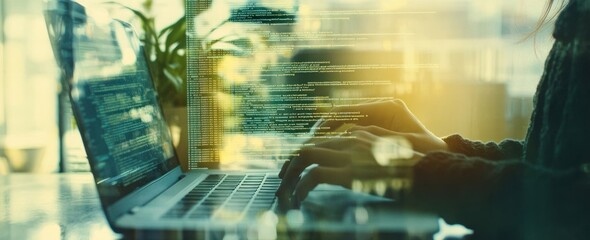Aufkleber - Person coding on a laptop with screen overlay and blurred background.