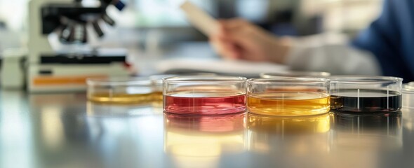 Aufkleber - Liquid samples in petri dishes, microscope, lab research background.