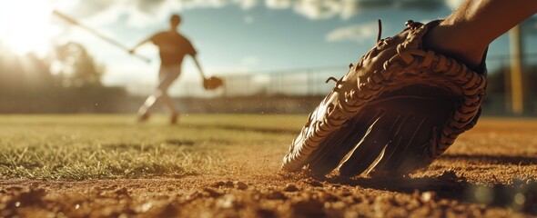 Poster - Baseball glove on dirt, batter in background.